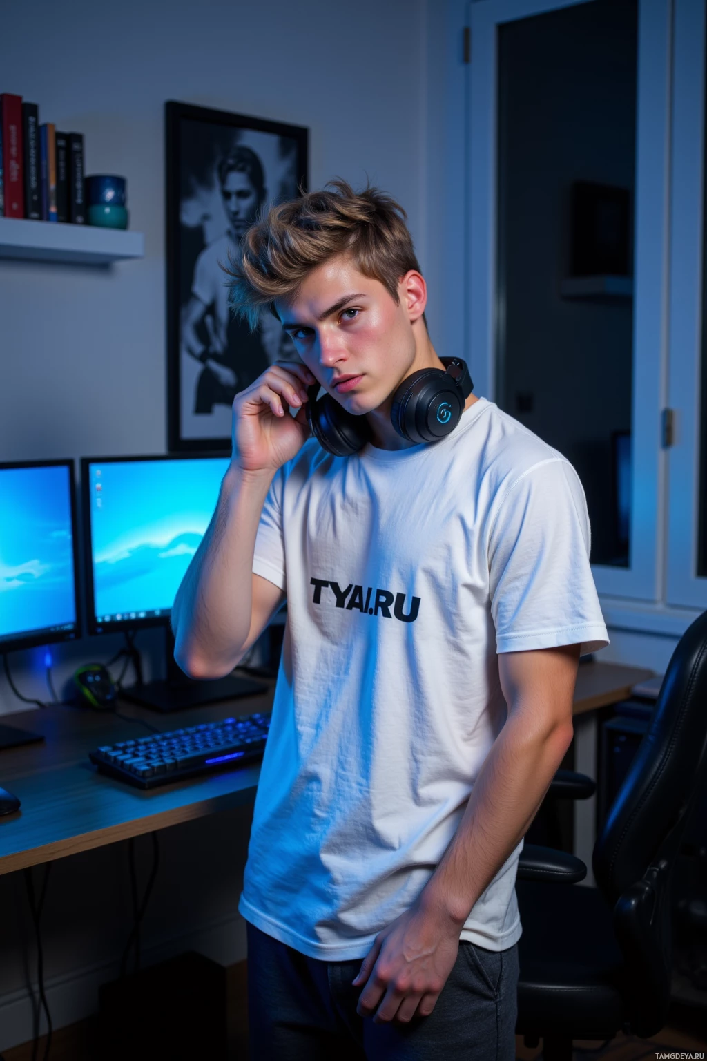 Молодой человек стоит в полумраке комнаты, на нем белая футболка с надписью "TYAI.RU" и черная гарнитура на шее.