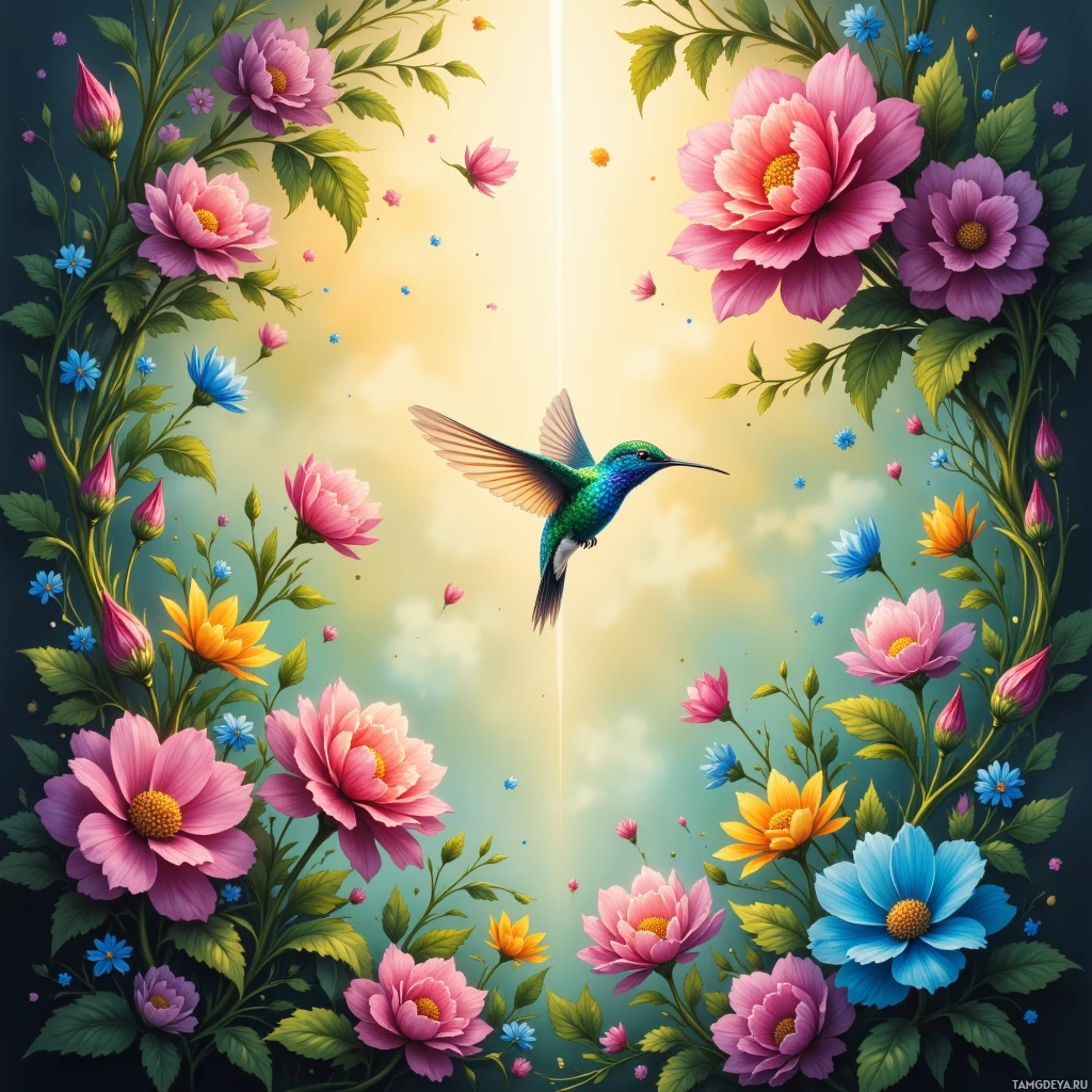 Яркая сцена с цветами, где среди пестрого буйства красок порхает колибри.