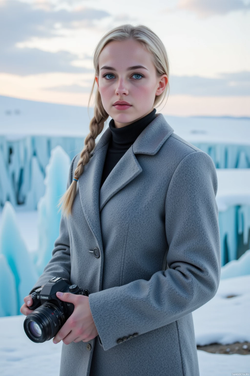 Человек в сером пальто стоит на улице с фотоаппаратом, на заднем плане заснеженный пейзаж и ледяные образования.