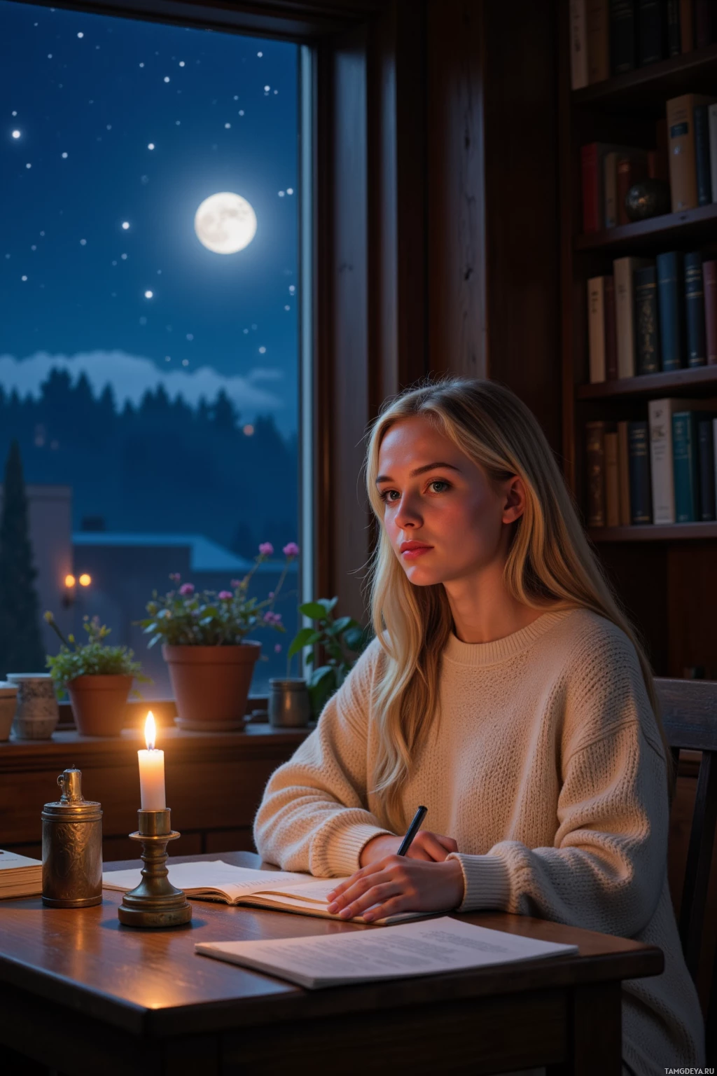 Женщина сидит за столом у окна и пишет в блокноте при свете свечи.