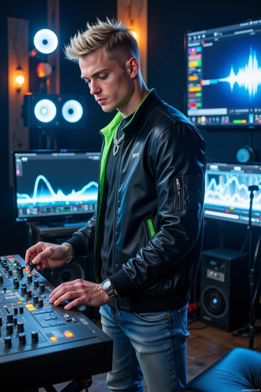 Человек в студии регулирует элементы управления на микшерной консоли.
