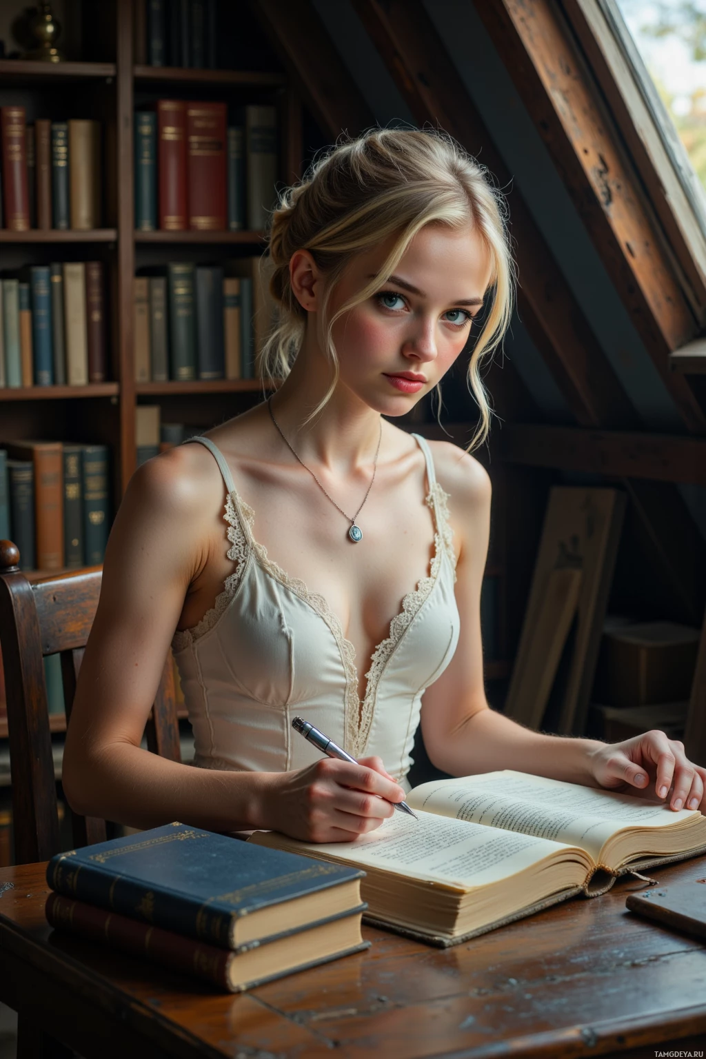 Женщина в белой кружевной блузе сидит за столом с книгами, держа в руке ручку и глядя на открытую книгу.