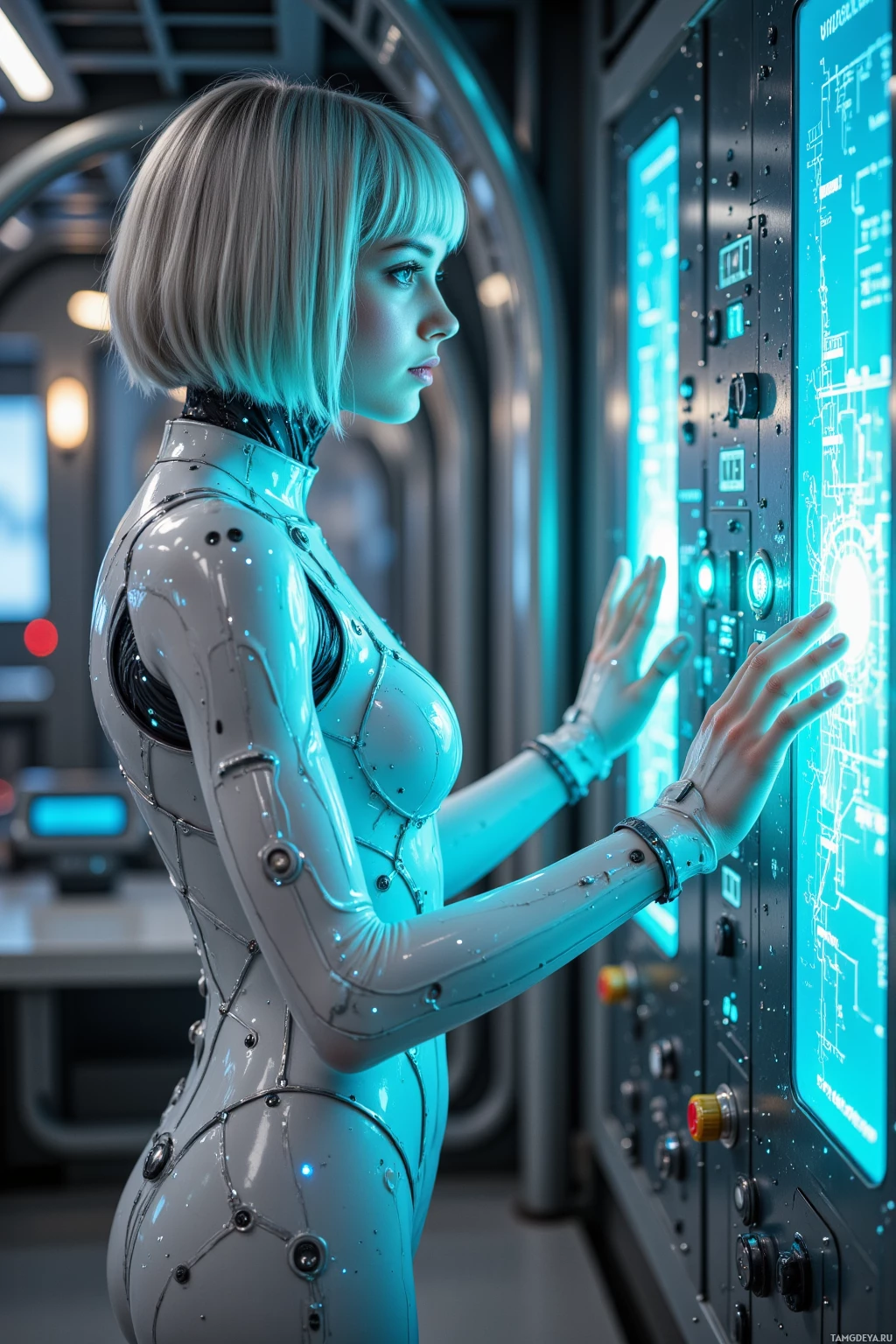 Футуристическая гуманоидная фигура взаимодействует с панелью управления в высокотехнологичной обстановке.