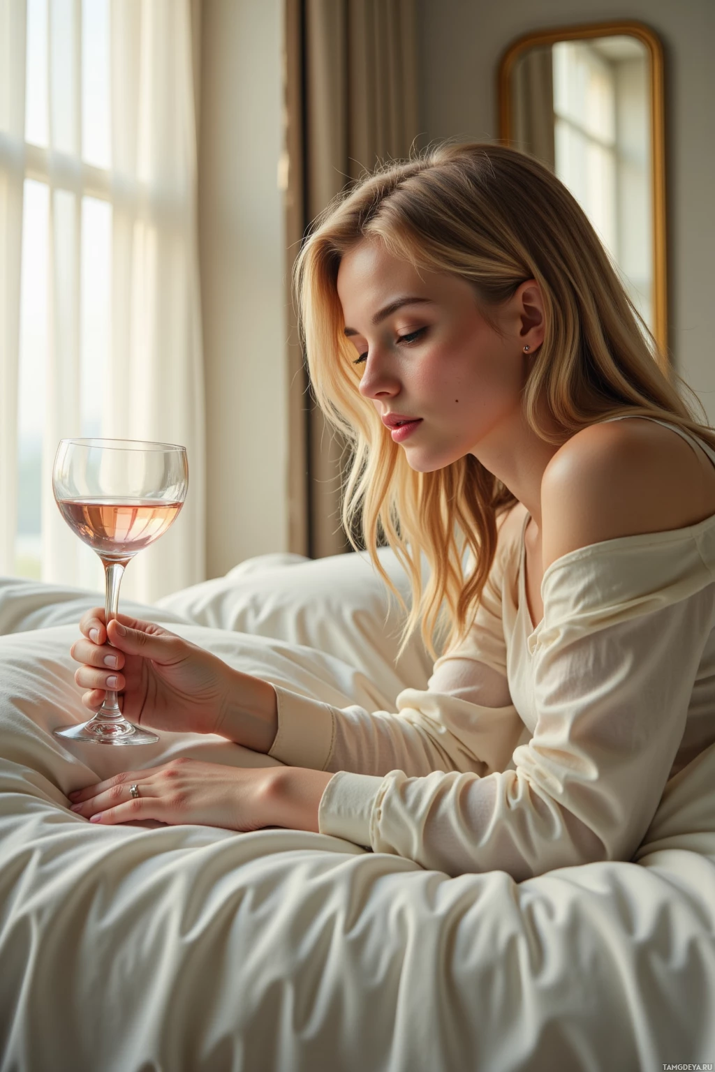 Realistic high quality photo. A woman with long blonde hair and porcelain skin lies in bed, surrounded by soft morning light filtering through sheer curtains, gazing at a delicate wine glass perched on her nightstand, its crystal elegance seeming to mock her as she reaches out to touch it, amidst a serene marble-floored bedroom.