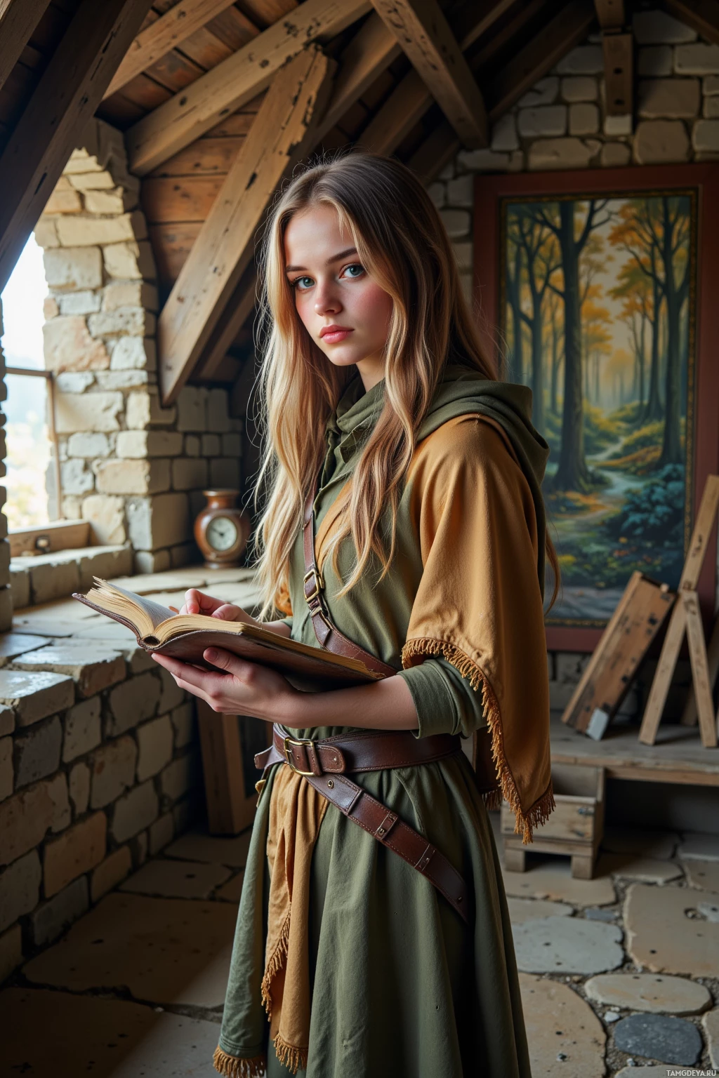 Человек в средневековой одежде держит раскрытую книгу, стоя в деревенской комнате с каменными стенами и деревянными балками.