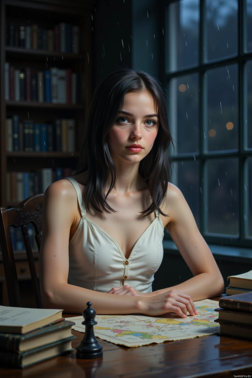 В библиотеке за столом сидит женщина, окружённая книгами и шахматной фигурой.