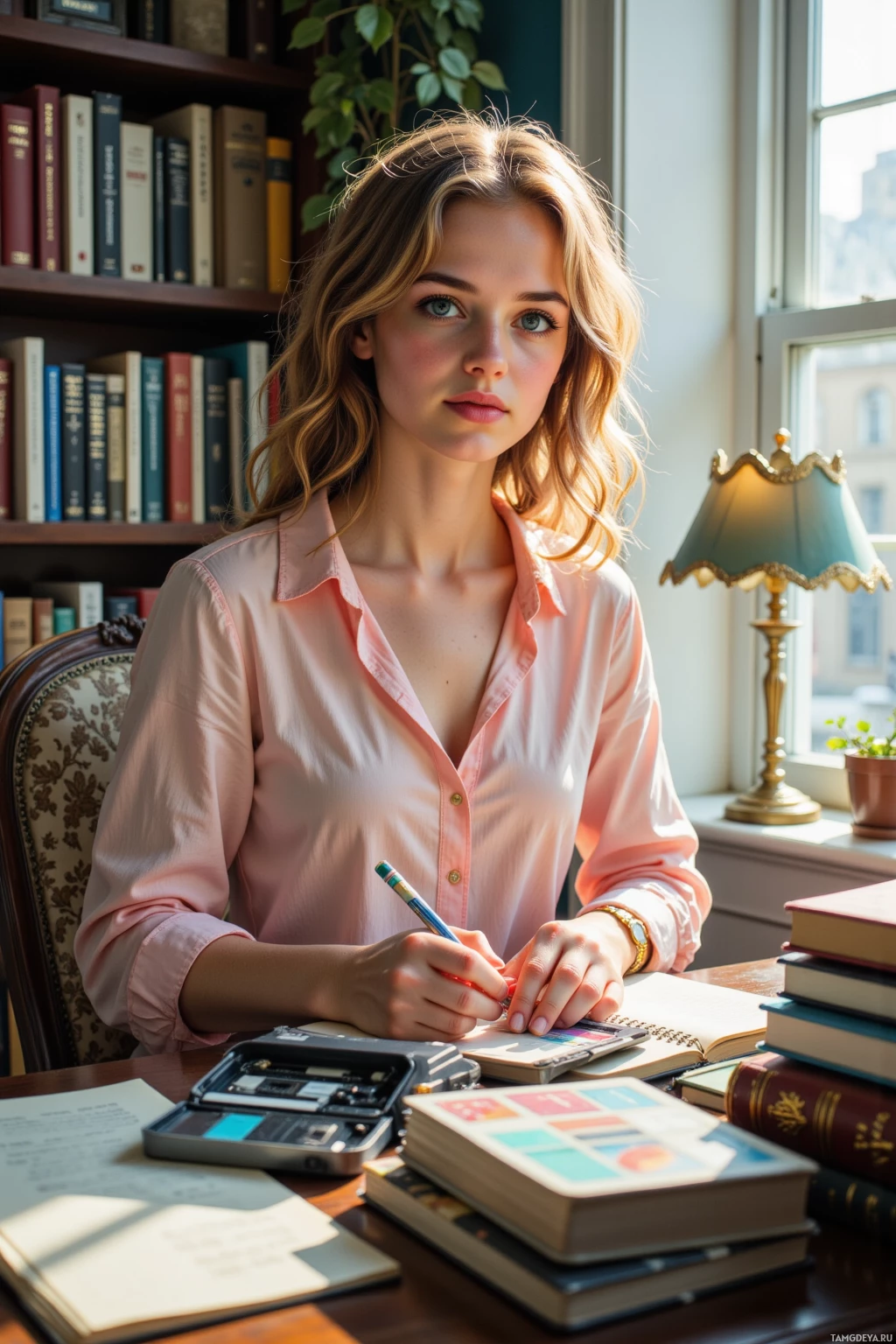 Женщина в розовой рубашке сидит за столом с книгами и лампой, что-то записывает в блокноте.
