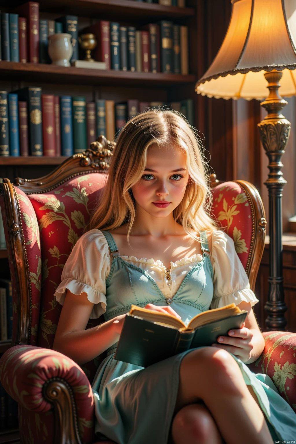 Молодая женщина сидит в резном кресле и читает книгу в уютной библиотеке.