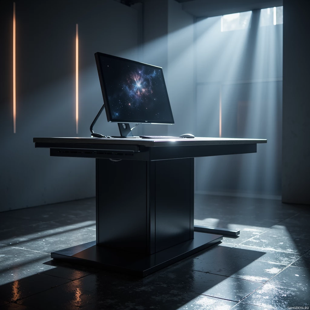 Современный рабочий стол с монитором, на котором отображено изображение космоса, освещенный солнечным светом, льющимся из окна.