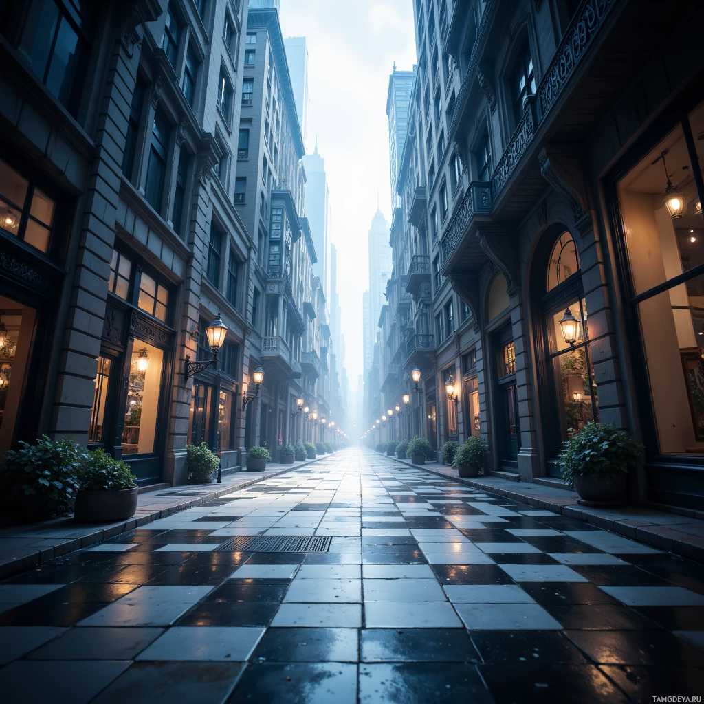 Узкая, залитая солнцем городская улица, обрамленная высокими зданиями и цветочными горшками.