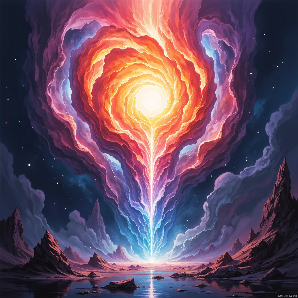 Яркая космическая сцена с вихрем огненных оттенков на фоне звездного ночного неба, под которым возвышаются скалистые горные вершины и раскинулось зеркальное водное пространство.