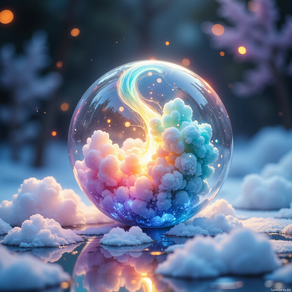 Стеклянный шар, внутри которого мерцает нежная, призрачная формация облаков, покоится на заснеженной поверхности.