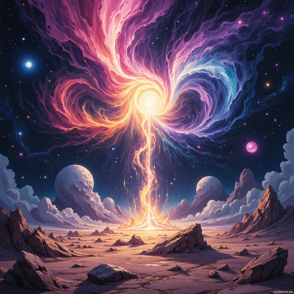 Яркая космическая сцена: спиральная галактика, яркая звезда и безжизненный, каменистый ландшафт под звездным небом.