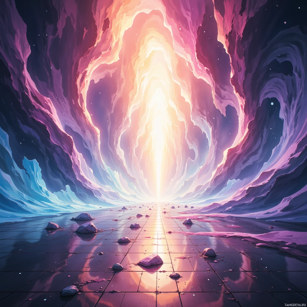 Яркий, неземной туннель со светящимся концом и отражающим полом.