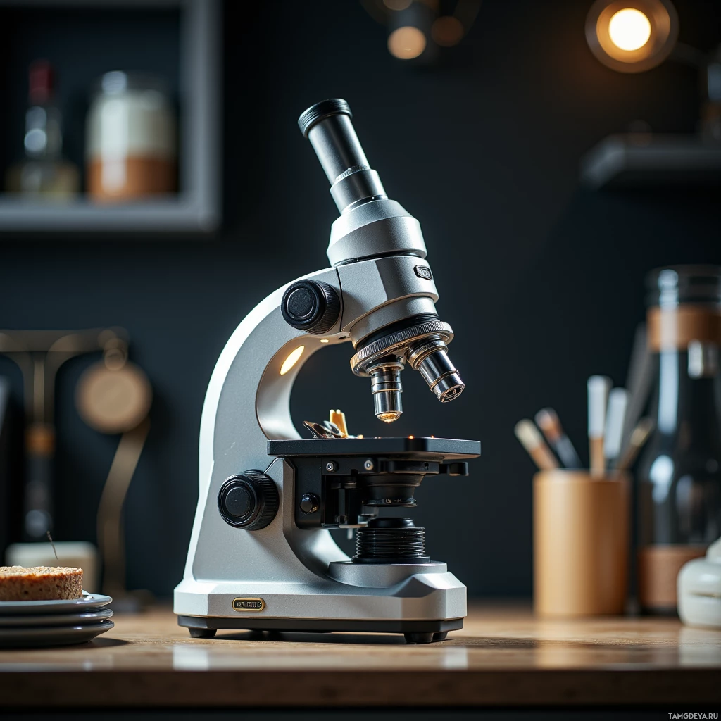 Микроскоп стоит на деревянном столе в полутемной комнате.