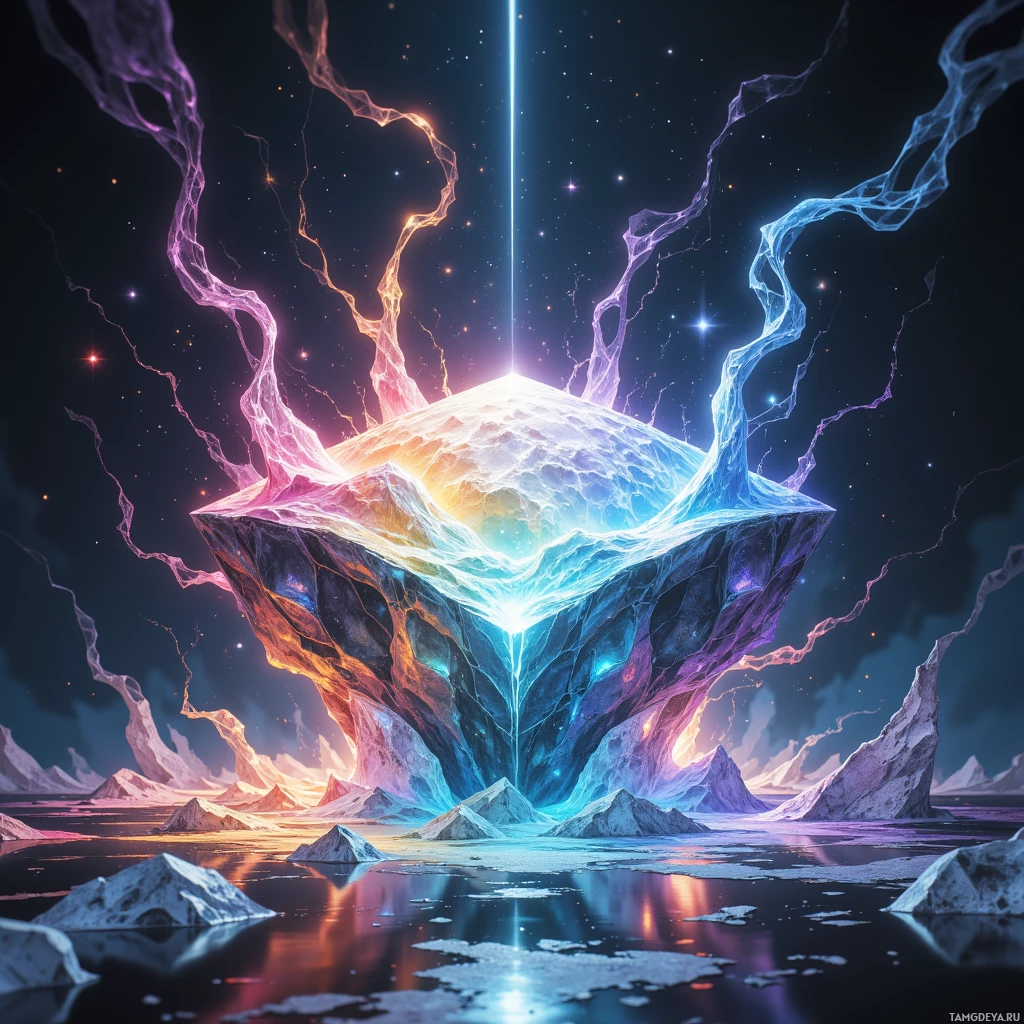 Яркий, космический пейзаж, на котором сияет разноцветный куб, окутанный нежными, светящимися потоками энергии на фоне звездного ночного неба.