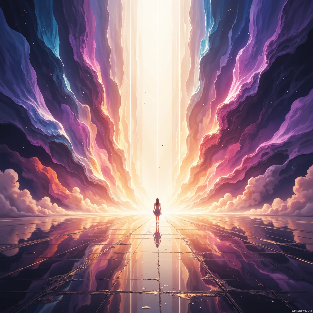 Человек стоит в центре зеркальной тропинки, ведущей к сияющему свету в космическом небе.