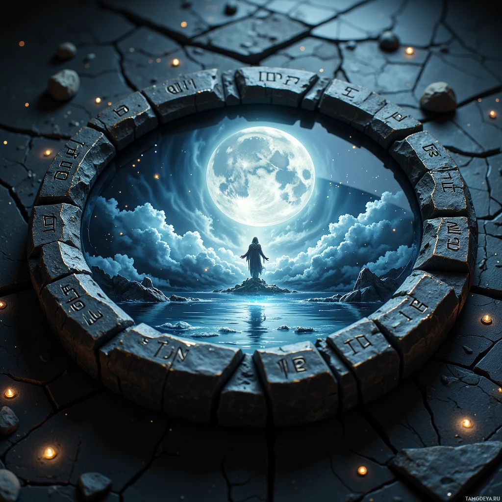Мистическая сцена: сияющая луна, фигура, стоящая на скалистом острове, и каменный портал с надписями.