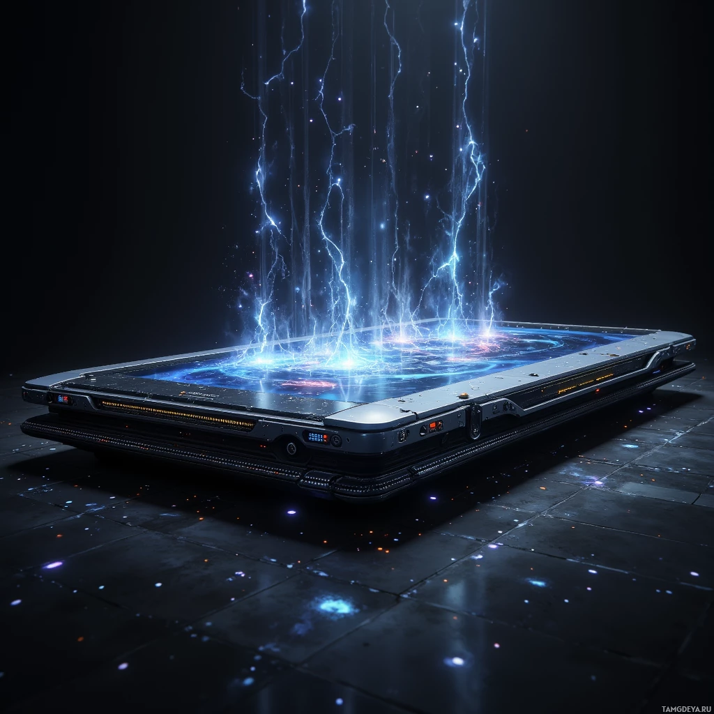 Ноутбук в футуристическом стиле с синими свечениями, исходящими от экрана.