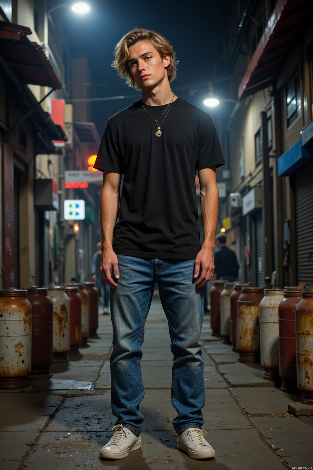 Молодой человек стоит в темном переулке ночью, одетый в черную футболку, синие джинсы и белые кроссовки.