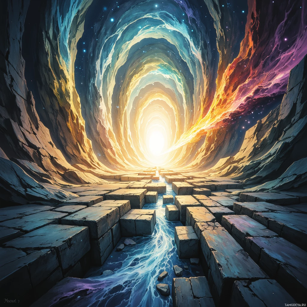 Яркий, космический туннель со светящимся светом в конце и журчащей водой на каменных блоках.