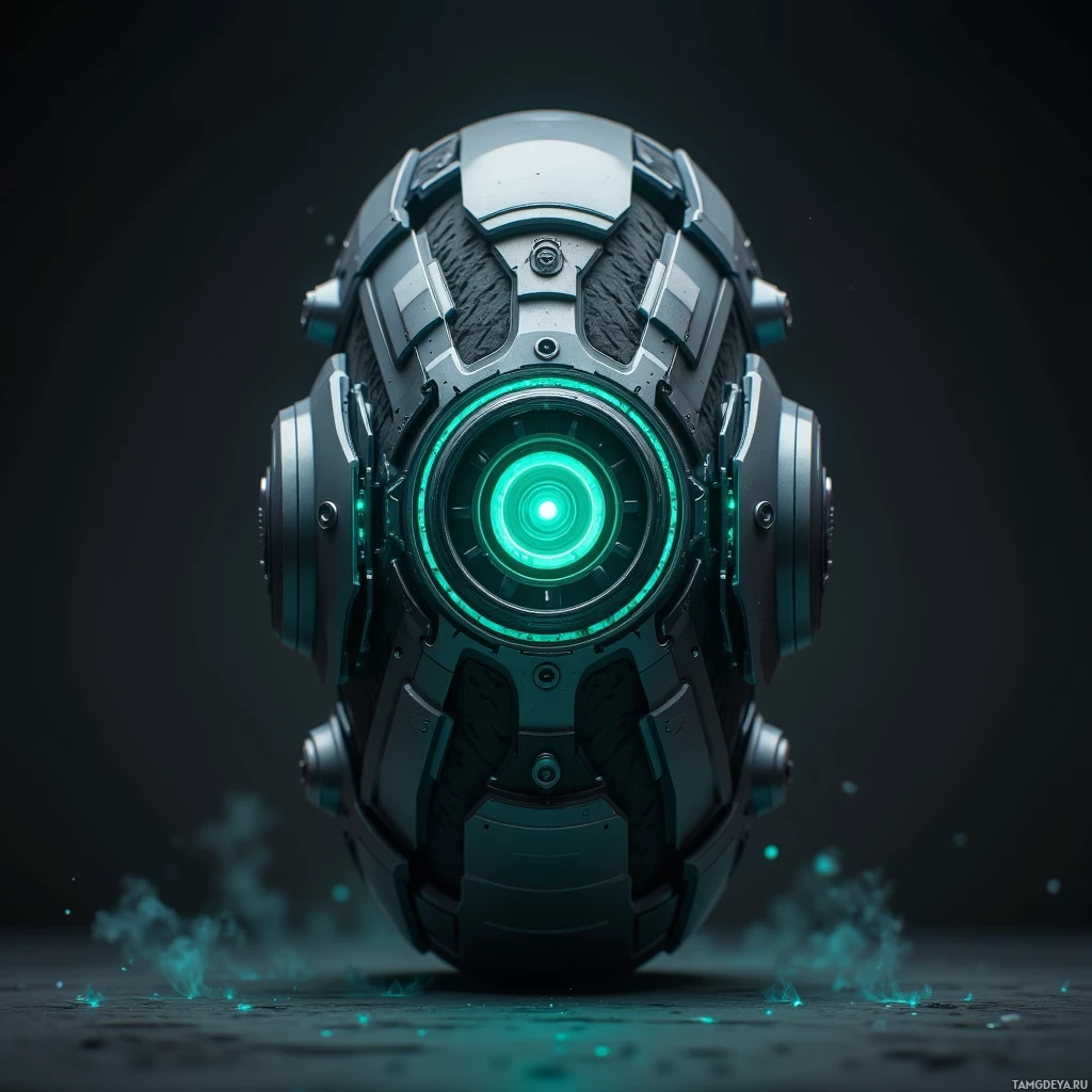 Футуристический металлический шар, украшенный сложными деталями и подсвеченный яркими зелеными огнями.