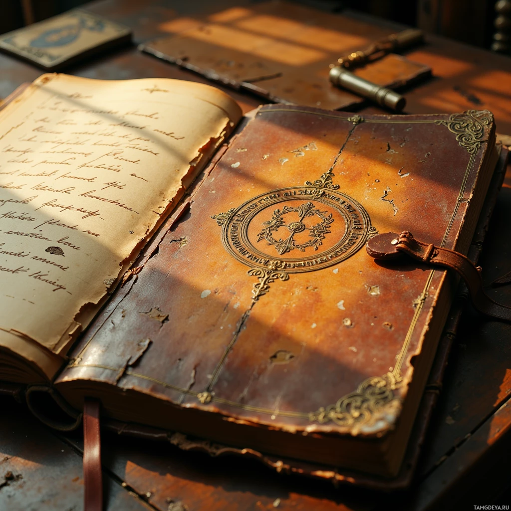 Старинная, потрепанная книга с резным переплетом и открытой страницей, исписанной от руки.