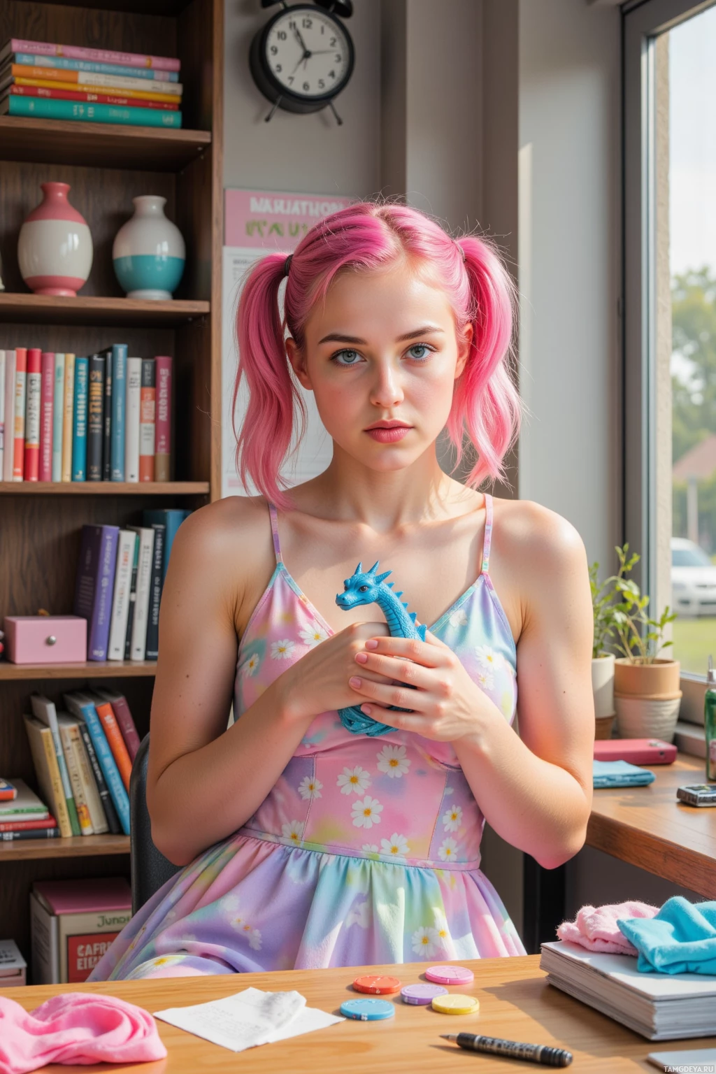 Девушка с розовыми косичками сидит за столом, держа в руках игрушечного синего дракона и одетая в платье с нежным цветочным принтом.