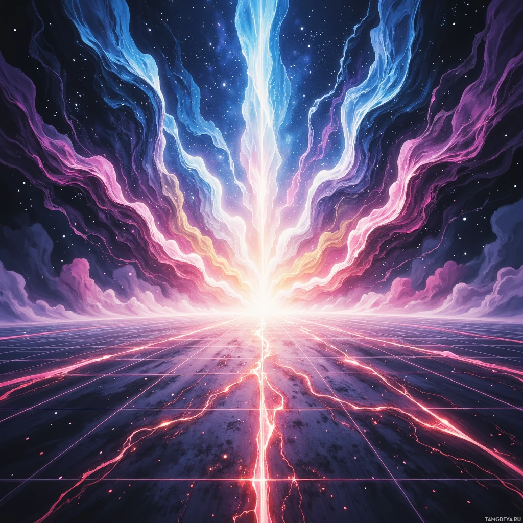 Яркая космическая сцена с завихряющимися туманностями и ярким источником света в центре.