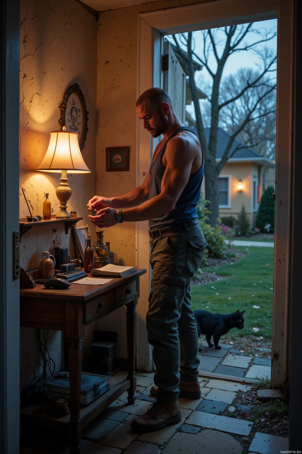 Мужчина стоит у стола, что-то рассматривая в руках, за открытой дверью видны кошка и дом.