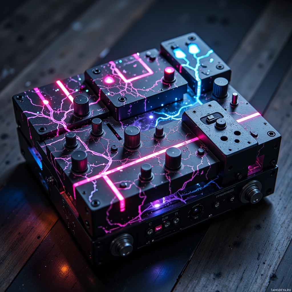 Современное электронное устройство с подсвечивающимися розовыми и голубыми огнями и множеством регуляторов.