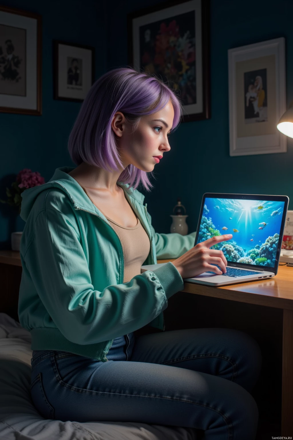 Человек с фиолетовыми волосами сидит за столом и работает на ноутбуке, на экране которого изображена подводная сцена.