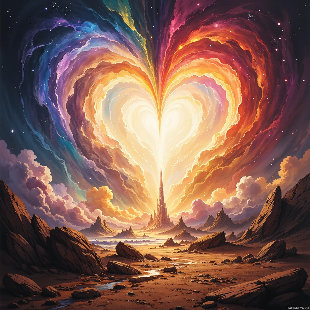 Яркая, спиральная галактика в форме сердца сияет над суровым, пустынным ландшафтом с зубчатыми горами и небольшим ручьем.