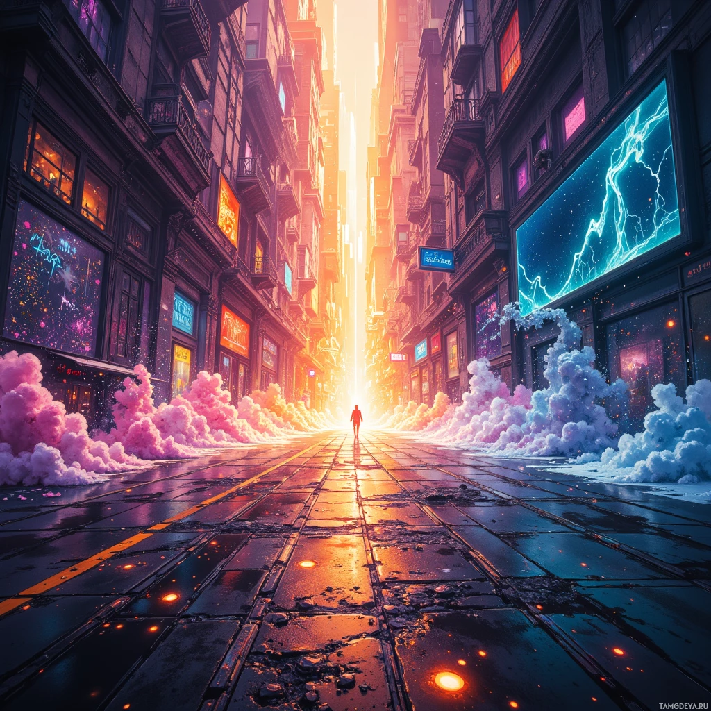 Яркая городская улица, залитая светом, с разноцветными облаками и человеком, идущим навстречу яркому свету в конце переулка.
