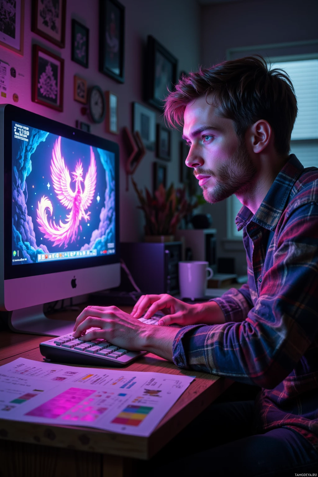 Realistic high quality photo. A 25‑year‑old man with short brown hair, bright blue eyes, pale skin, wearing a worn flannel shirt with pixel art patterns, hunched at a desk in a dim office with flickering CRT light, intensely focused on a computer screen displaying a retro boss battle sprite of an 8‑bit dragon turned cyberpunk phoenix, neon magenta pixel highlights breaking a 256‑color rule, his expression a mix of frustration and determination, surrounded by scattered pixel art reference sheets and a digital palette.