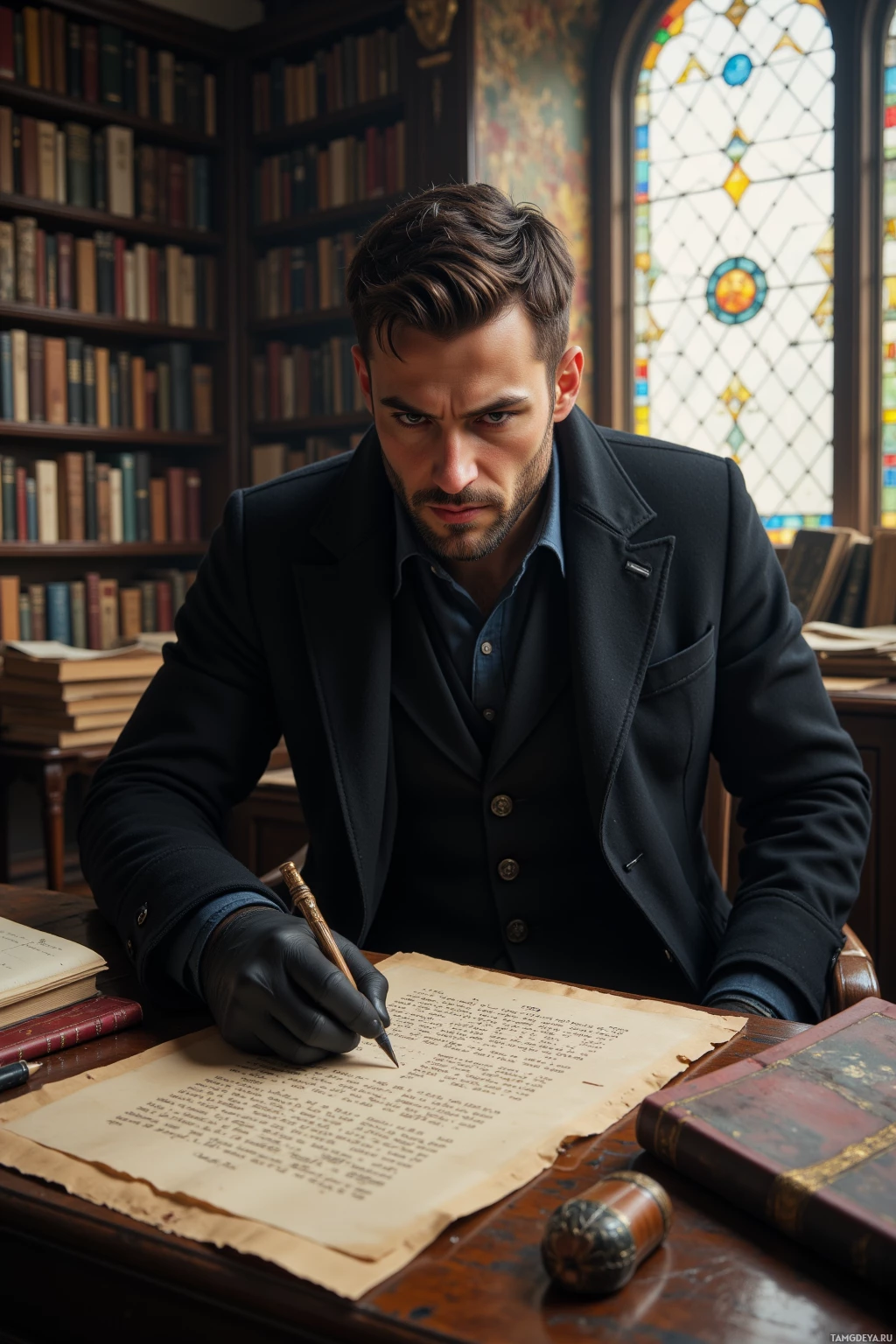 Realistic high quality photo. A 38‑year‑old male with dark hair and sharp features, wearing a long black coat and fingerless gloves, sits at a cluttered study desk surrounded by dusty books under late afternoon light filtering through stained‑glass windows, intently deciphering a cipher on parchment.