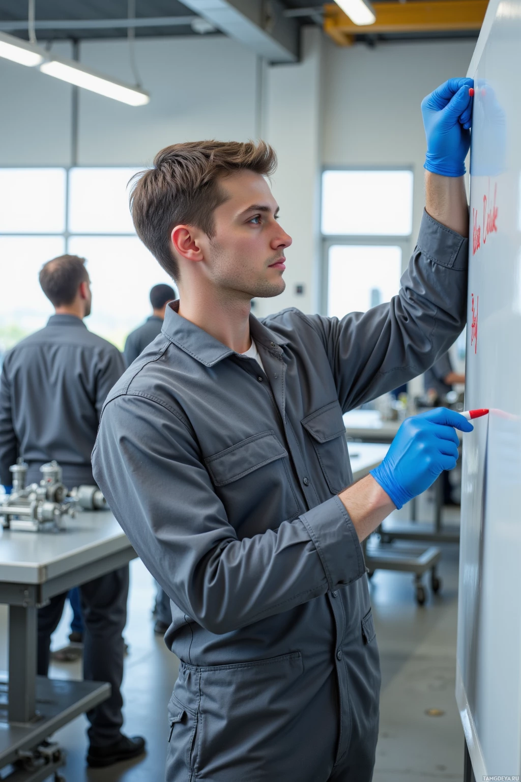 Realistic high quality photo. Male, 31, short light brown hair, clean‑shaven, pale skin, wearing a crisp grey work uniform and blue protective gloves, pins a handwritten note with a crimson marker onto a whiteboard on a modern factory floor with steel conveyors and polished concrete, surrounded by a team of workers in matching uniforms assembling parts, midday light filtering through large windows, his posture exuding methodical precision with a subtle rebellious flourish.