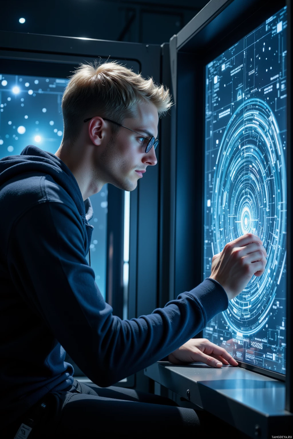 Realistic high quality photo. Tall slender 31‑year‑old male with short blonde hair, sharp blue eyes, pale complexion and well‑defined jawline, wearing a simple hoodie and round glasses, sits in a dimly lit server room at night, intently tracing a holographic display of nested code loops while a flickering starfield is visible through a viewport, exuding calm focus.