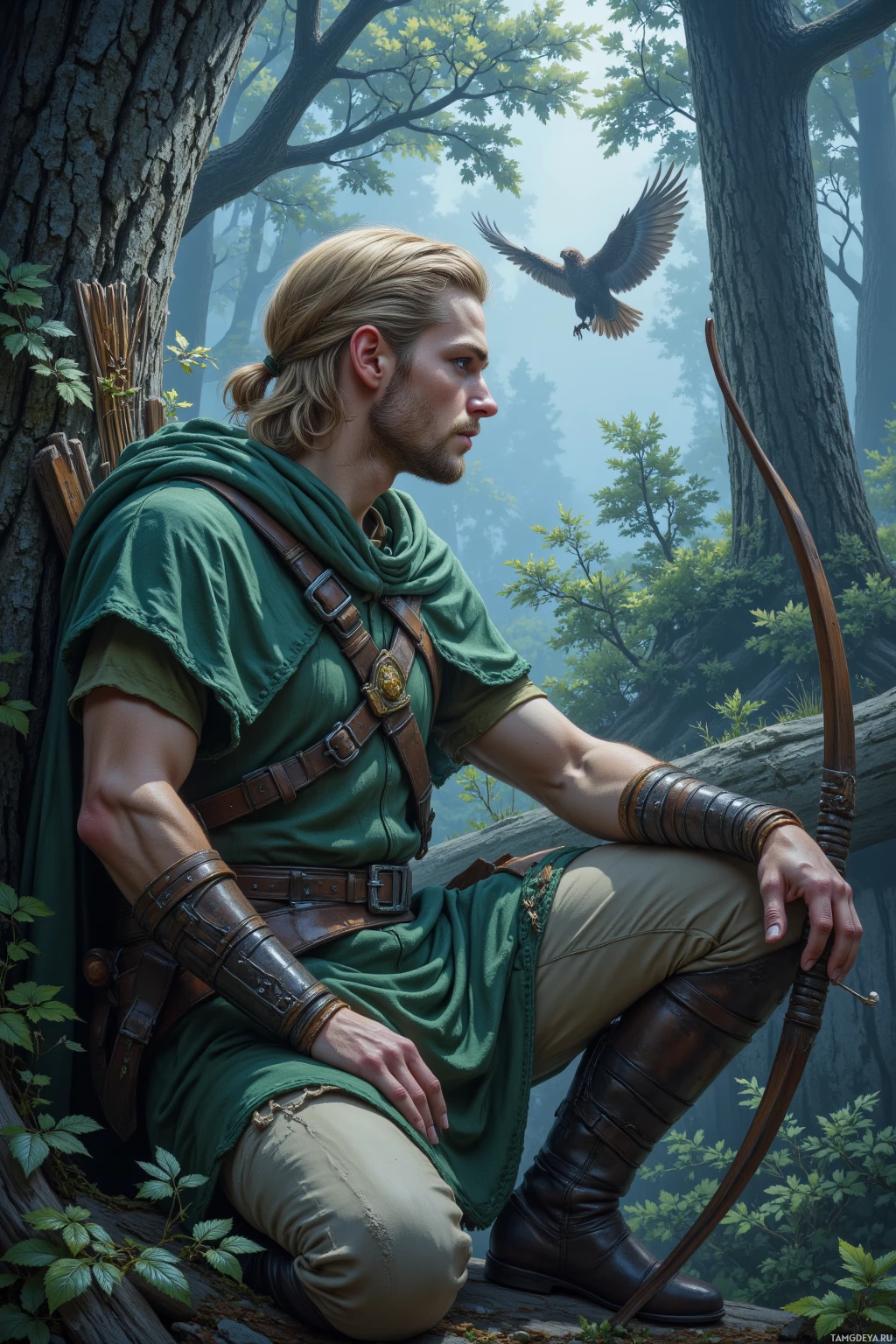 Realistic high quality photo. Lean 30‑year‑old male with shoulder‑length blonde hair, blue eyes, green leaf‑pattern cloak and natural armor, resting a wooden bow against bark on a twilight forest ridge, watching a solitary hawk above while outsiders laugh in the distance and wind whispers through silvered leaves.