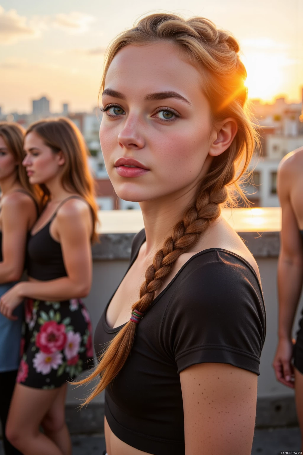 Realistic high quality photo. 25‑year‑old woman with long wavy auburn hair in a tidy braid, bright green eyes, fair glowing skin, wearing a fitted top and floral skirt, standing on a rooftop terrace at sunset, her braid catching warm light while laughing friends surround her, city lights glowing softly, exuding confident charisma and quiet introspection.