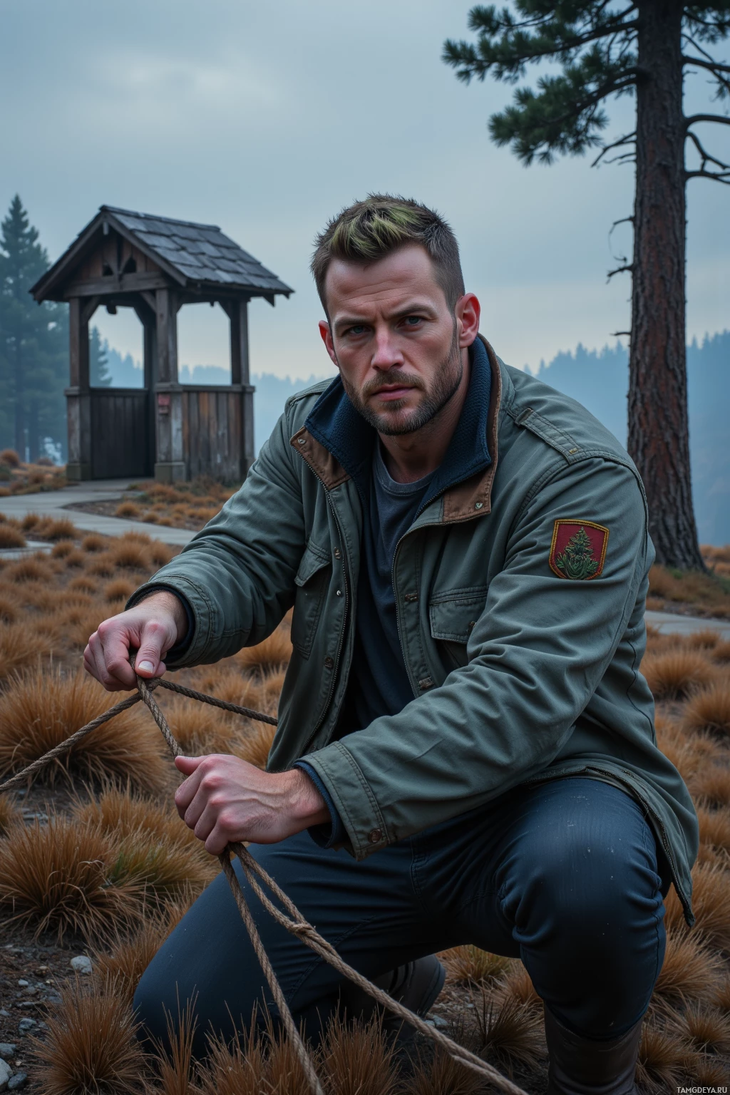 Realistic high quality photo. A stocky man in his 30s with short mossy green hair, piercing blue eyes, pale skin, wearing a worn, weathered jacket and durable pants, tightening rope cords that secure dry brush along a firebreak on a ridge at twilight, with an abandoned well, a marked old road, and wind‑ruffled pine trees in a post‑apocalyptic landscape.