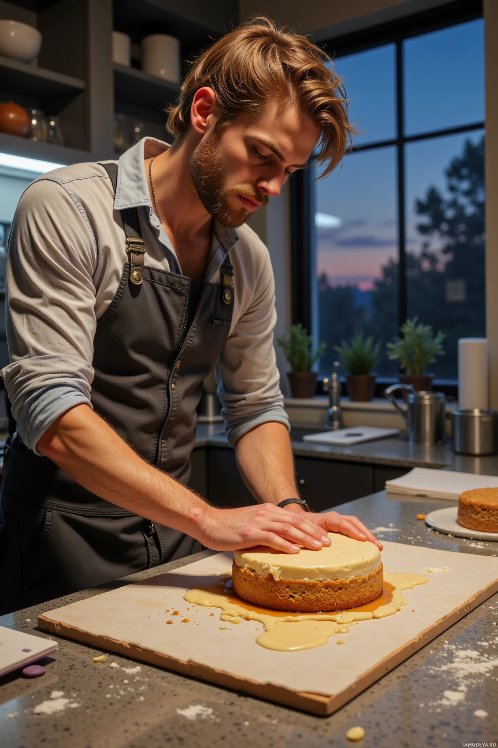 Realistic high quality photo. A 30‑year‑old man with messy light brown hair, bright blue eyes, pale skin, wearing layered urban clothing and sneakers, meticulously layers dough on a kitchen counter, measuring ingredients, debating glaze finish on a parchment‑wrapped cake, surrounded by a notebook and baking tools in a modern kitchen at dusk.