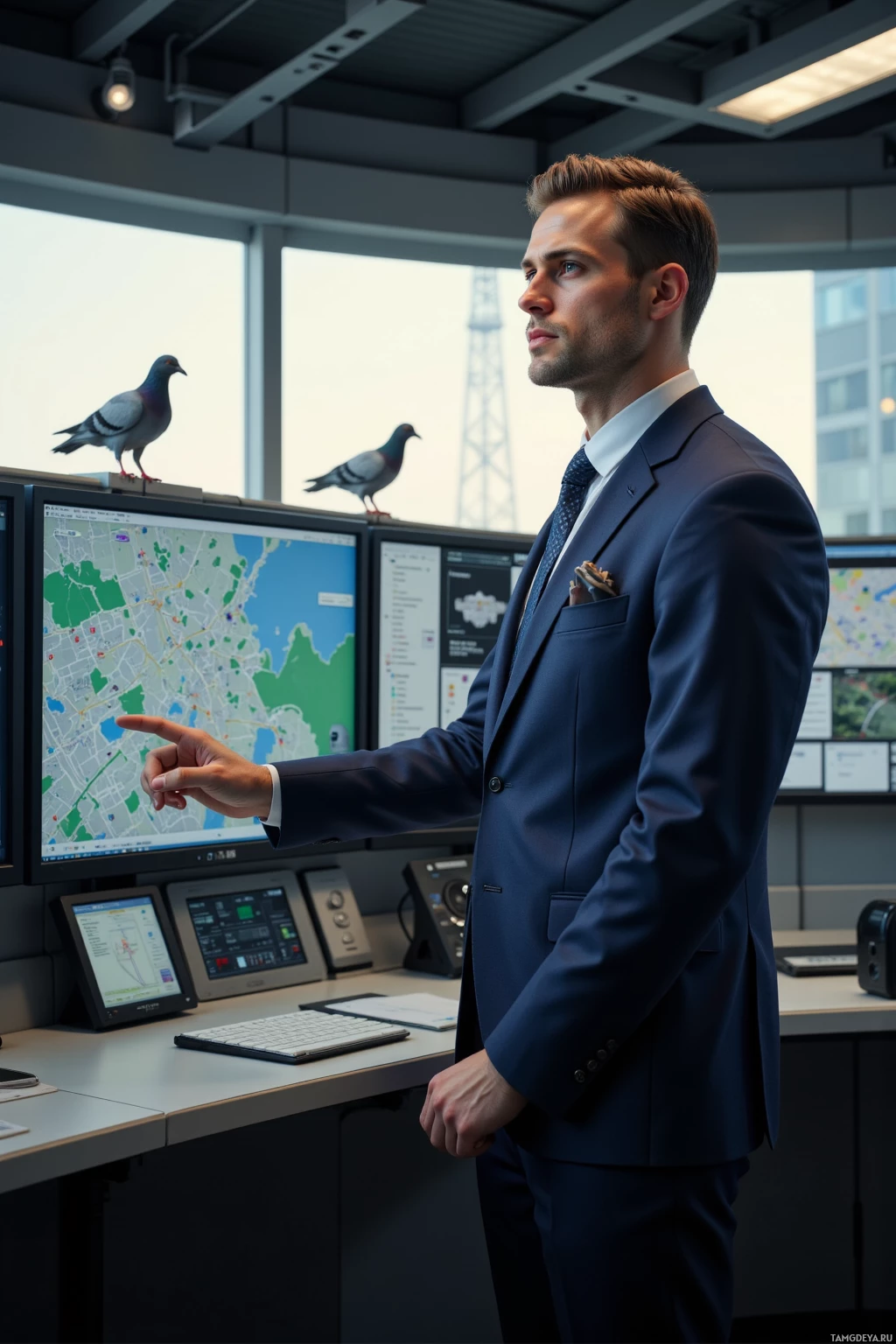 Realistic high quality photo. Tall man, 35, with neatly styled light brown hair, piercing blue eyes, wearing a tailored navy suit and tie, standing in a high‑tech traffic control room with monitors displaying the city traffic grid, pointing at a screen while pigeons perch on an overhead metal rail, late afternoon light casting realistic shadows.