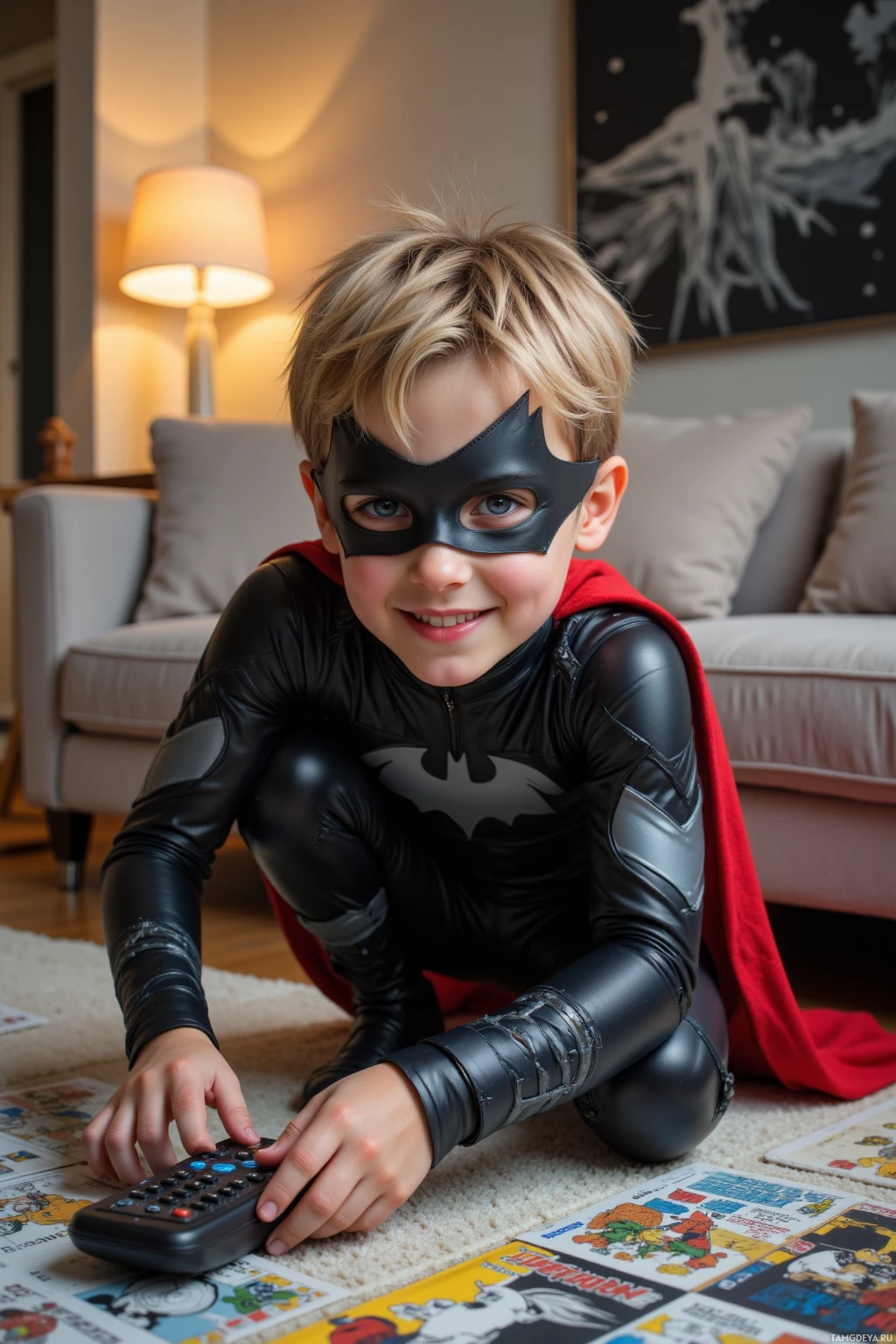 Realistic high quality photo. An 11‑year‑old boy with short messy blonde hair, bright blue eyes, and a cheerful smile, wearing a sleek black and gray superhero suit with subtle raccoon patterns, a flowing red cape, and a lightweight mask, crouched in a modern living room on a couch with cushions, intently searching for a hidden remote behind a pile of comic books on the floor, with soft lamp light highlighting his playful heroism.