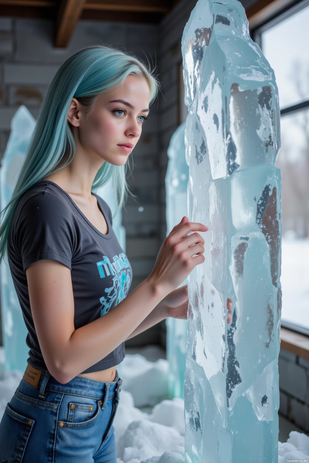 Realistic high quality photo. A slender 24‑year‑old woman with shoulder‑length icy blue hair and deep blue eyes, wearing a fitted graphic t‑shirt and denim jeans, stands in a cold studio, tracing the line where an ice sculpture’s light breaks, her hands trembling gently, smiling at tiny imperfections, while a soft winter wind drifts through an open window.