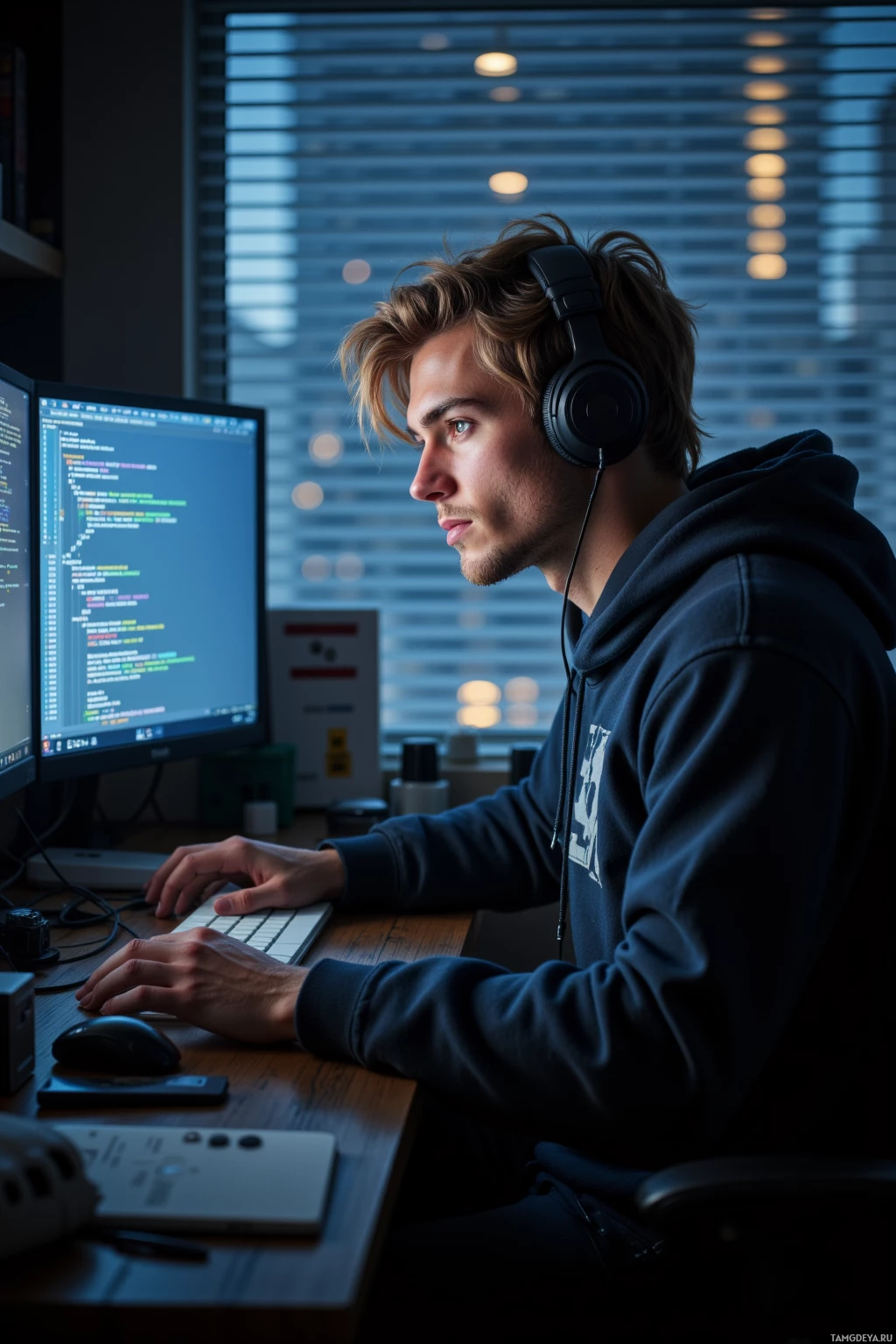 Realistic high quality photo. A 32‑year‑old male with messy blonde hair and soft brown eyes, wearing a simple hoodie and large headphones, sits alone at a cluttered desk in a dimly lit apartment, blinds cut light into binary‑like bars across the window, his focused expression fixed on a glowing computer screen filled with code, the hum of cooling fans and distant city noise muted in the background.