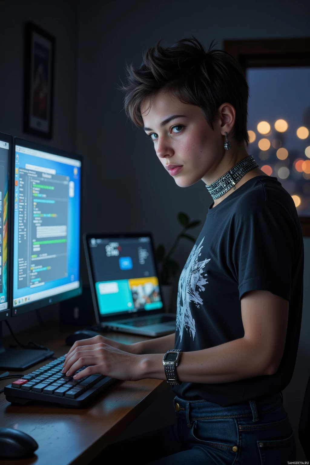 У человека с короткой стрижкой на столе работают компьютер и ноутбук.