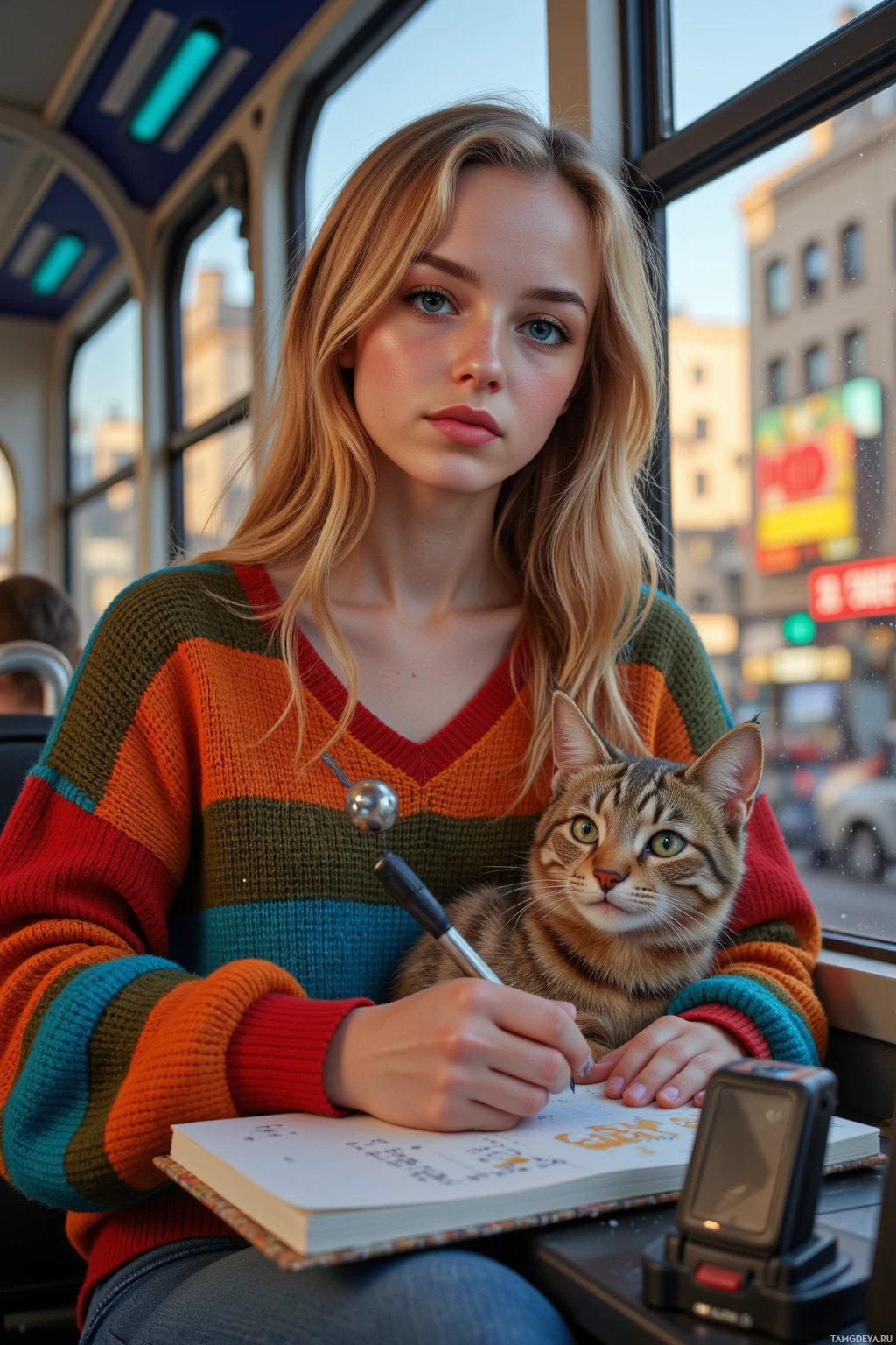 Человек в ярком свитере сидит в автобусе, держа в руках ручку и блокнот, а на коленях у него – кот.
