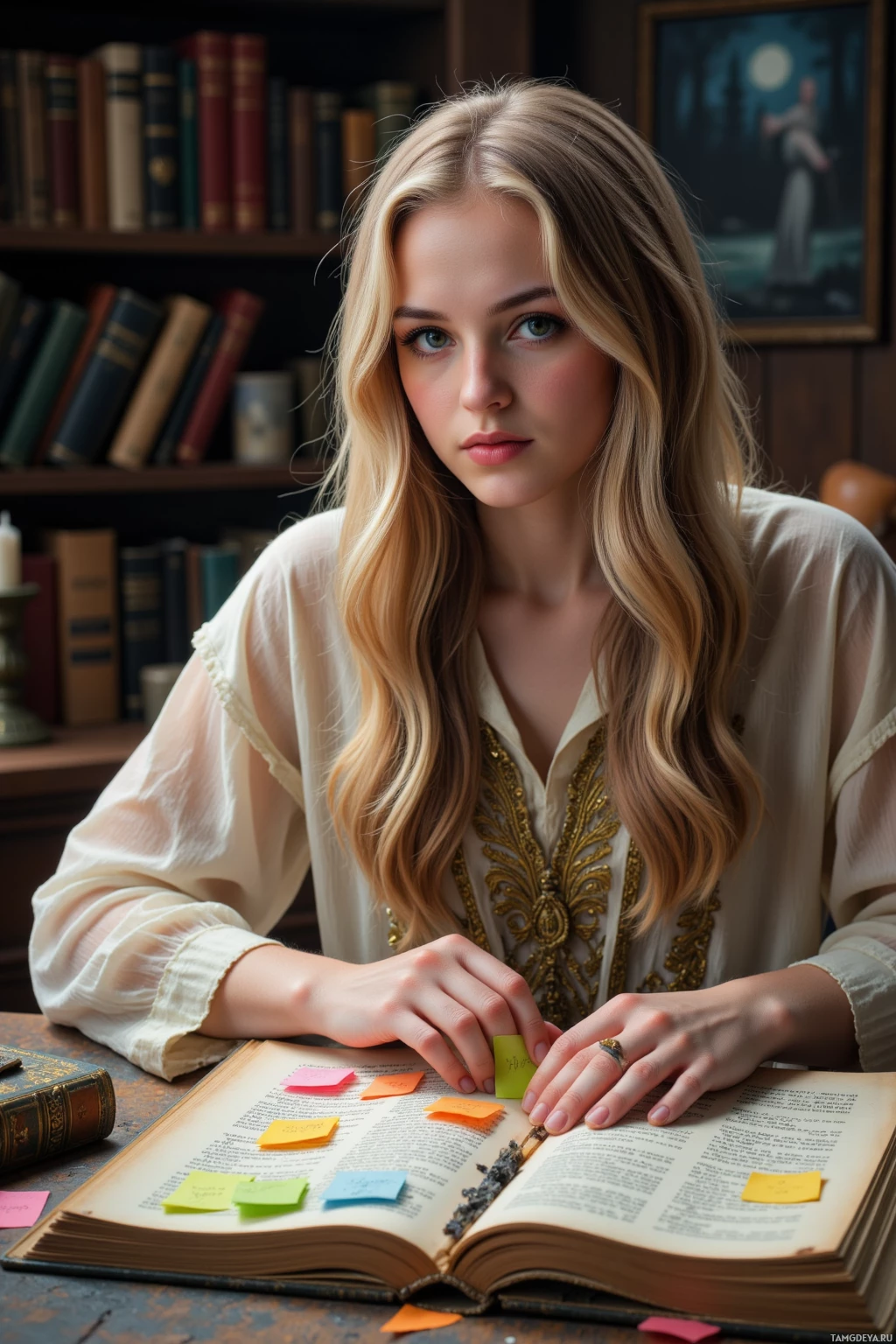 У женщины с длинными светлыми волосами на столе раскрыта книга и липкие заметки, вокруг – книжные полки.