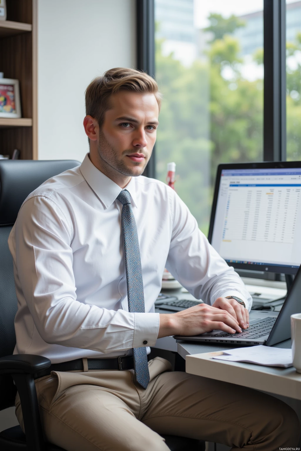 Мужчина в белой рубашке и галстуке сидит за столом и работает на ноутбуке в офисе.
